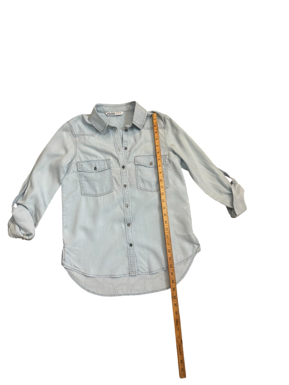 Zara Basic Embroidered Chambray Button Down Shirt XS Pomegranate Boho - Picture 6 of 11